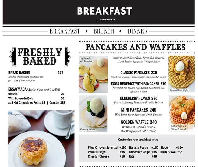 Menu at Breakfast at Antonio's restaurant, Tagaytay