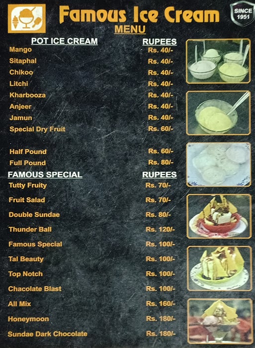 Menu At Famous Ice Creams Hyderabad