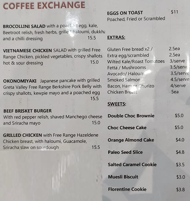 Menu at Coffee Exchange restaurant, Melbourne