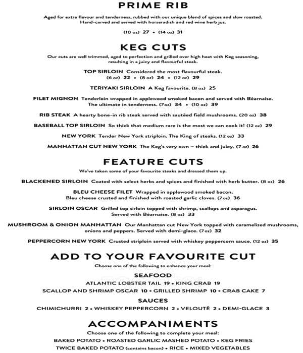 The Keg Dinner Menu