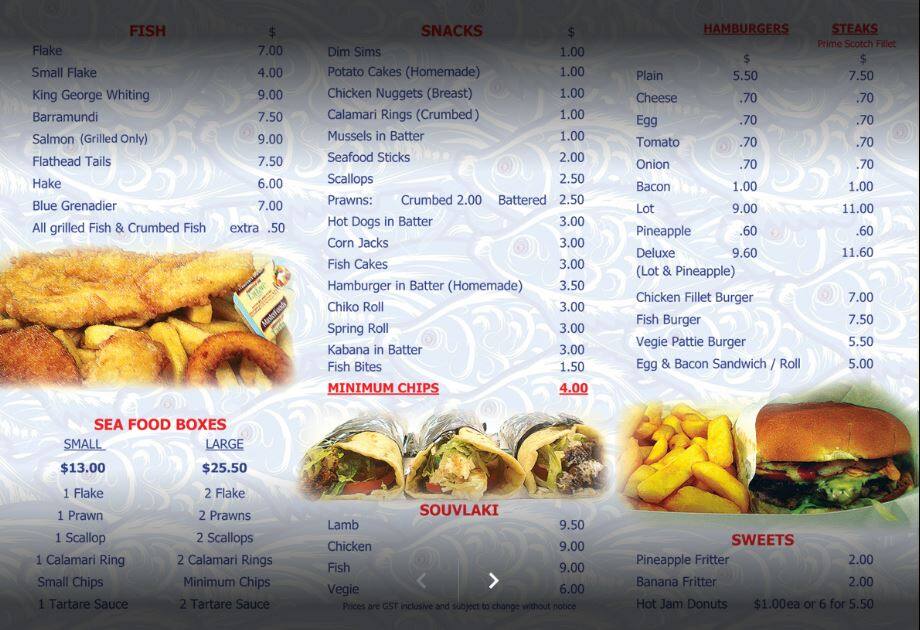 Menu at Mr Chips fast food, Diamond Creek