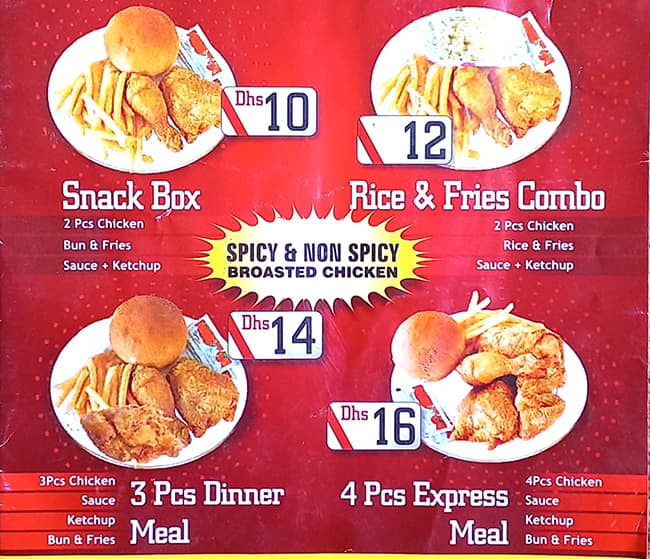 Menu of Express Fried Chicken, Muwailih Commercial, Sharjah