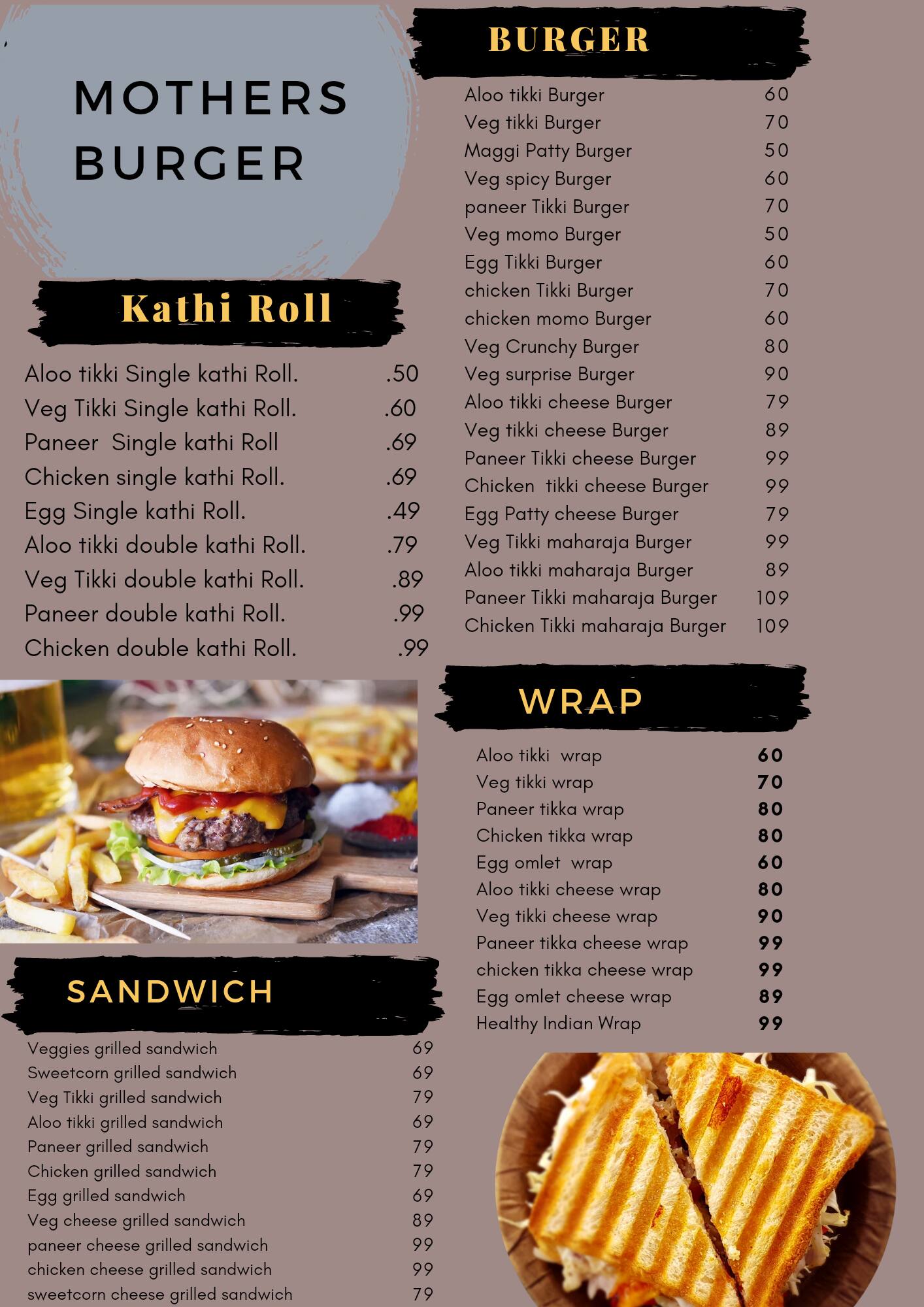 Mothers Burger menu