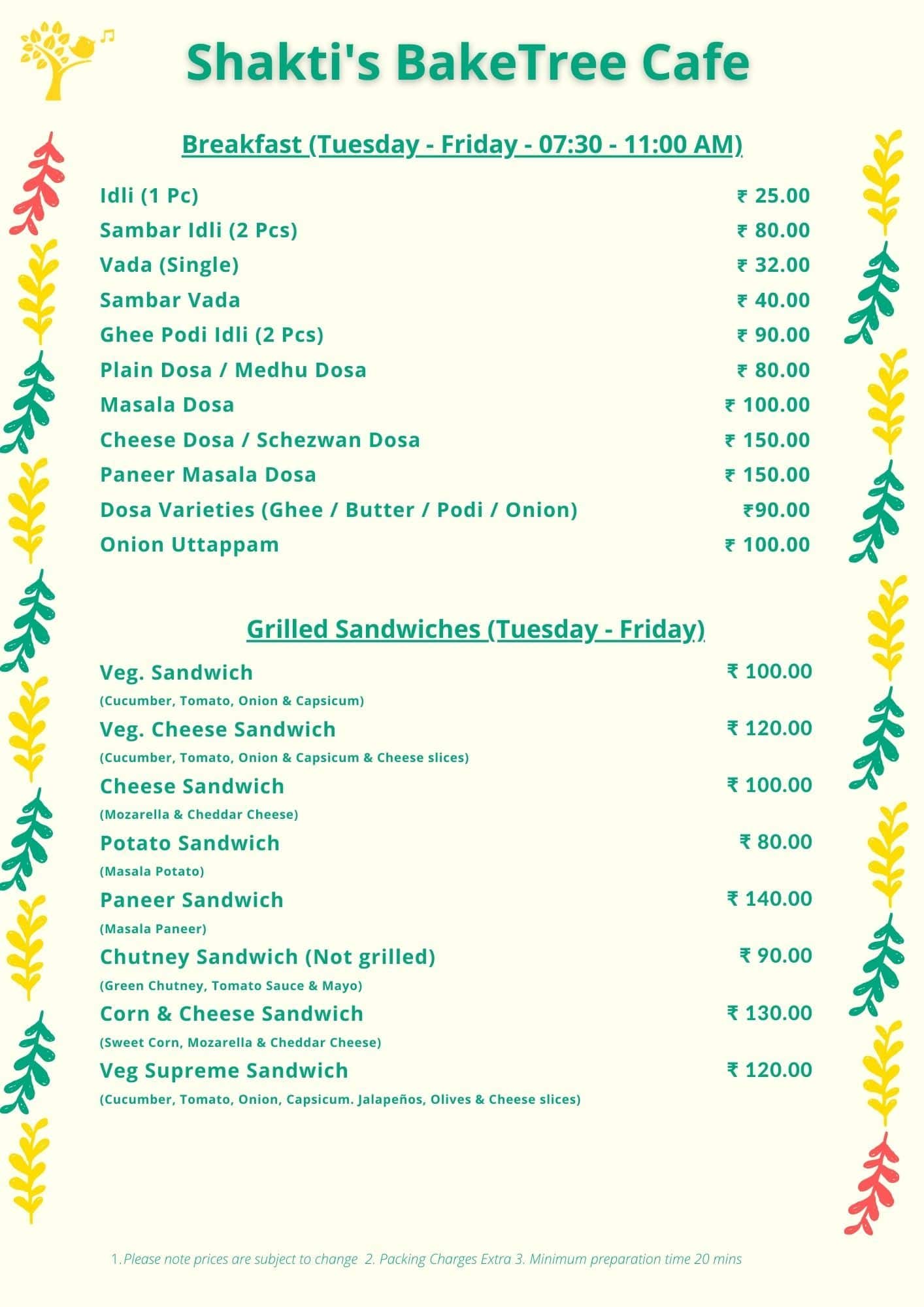 Menu of Shakti's Baketree Cafe, Kanakapura Road, Bangalore