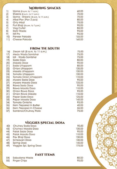 Veggies menu