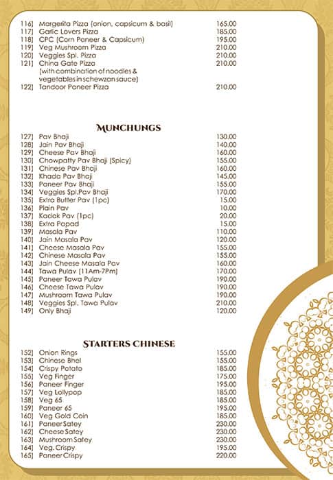 Veggies menu