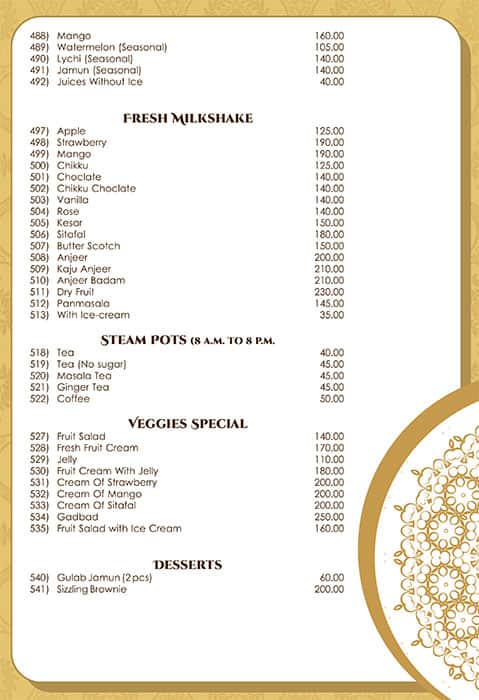 Veggies menu