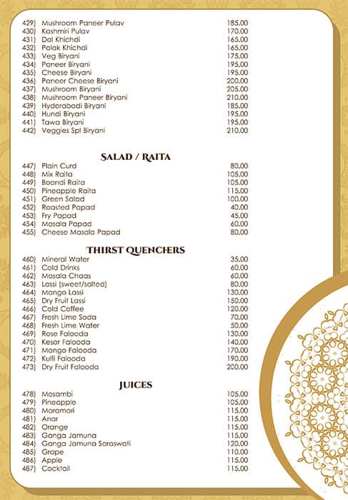 Veggies menu