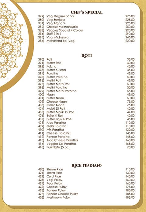 Veggies menu