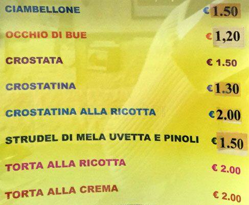 Menu di Ciak Bar 