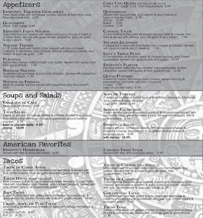 Ernesto's Fine Mexican Food Menu Urbanspoon/Zomato