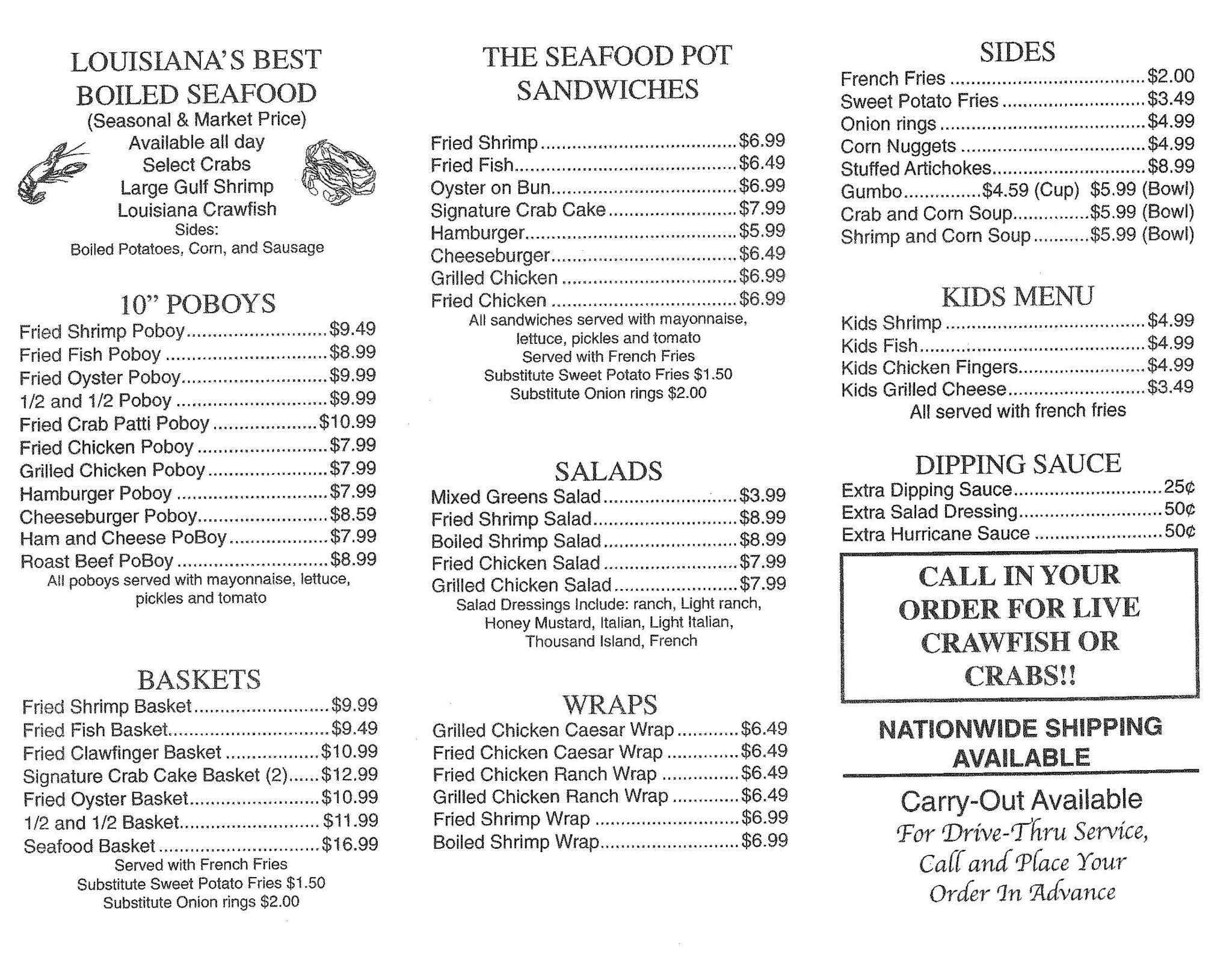 Menu at Seafood Pot restaurant, New Sarpy