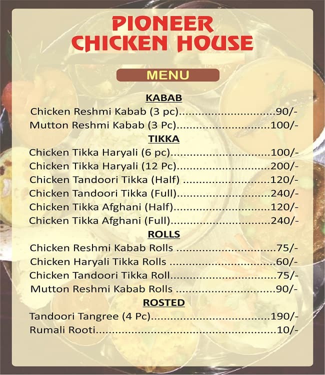 Menu at Pioneer Chicken House, New Delhi