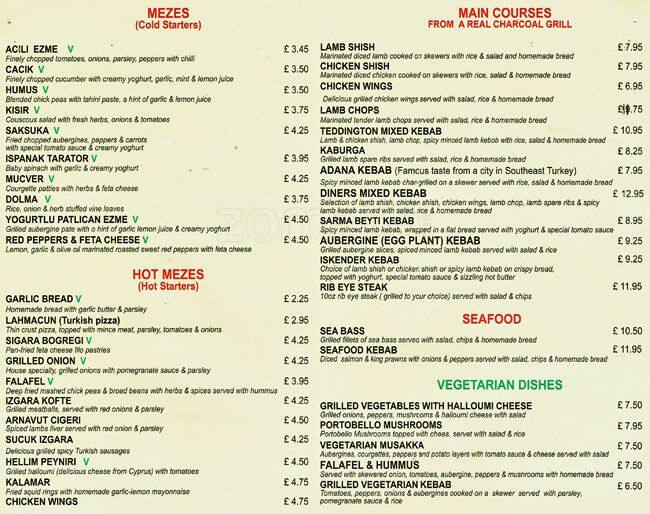 Diners Turkish Delight Menu, Menu for Diners Turkish Delight