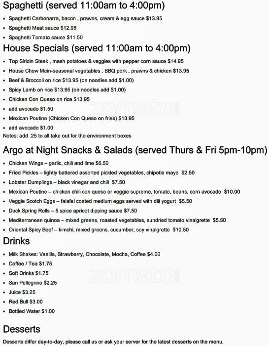 Menu at Argo Cafe, Vancouver