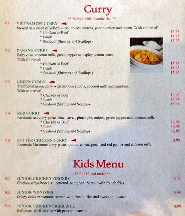 Menu at T'Basil restaurant, Ottawa