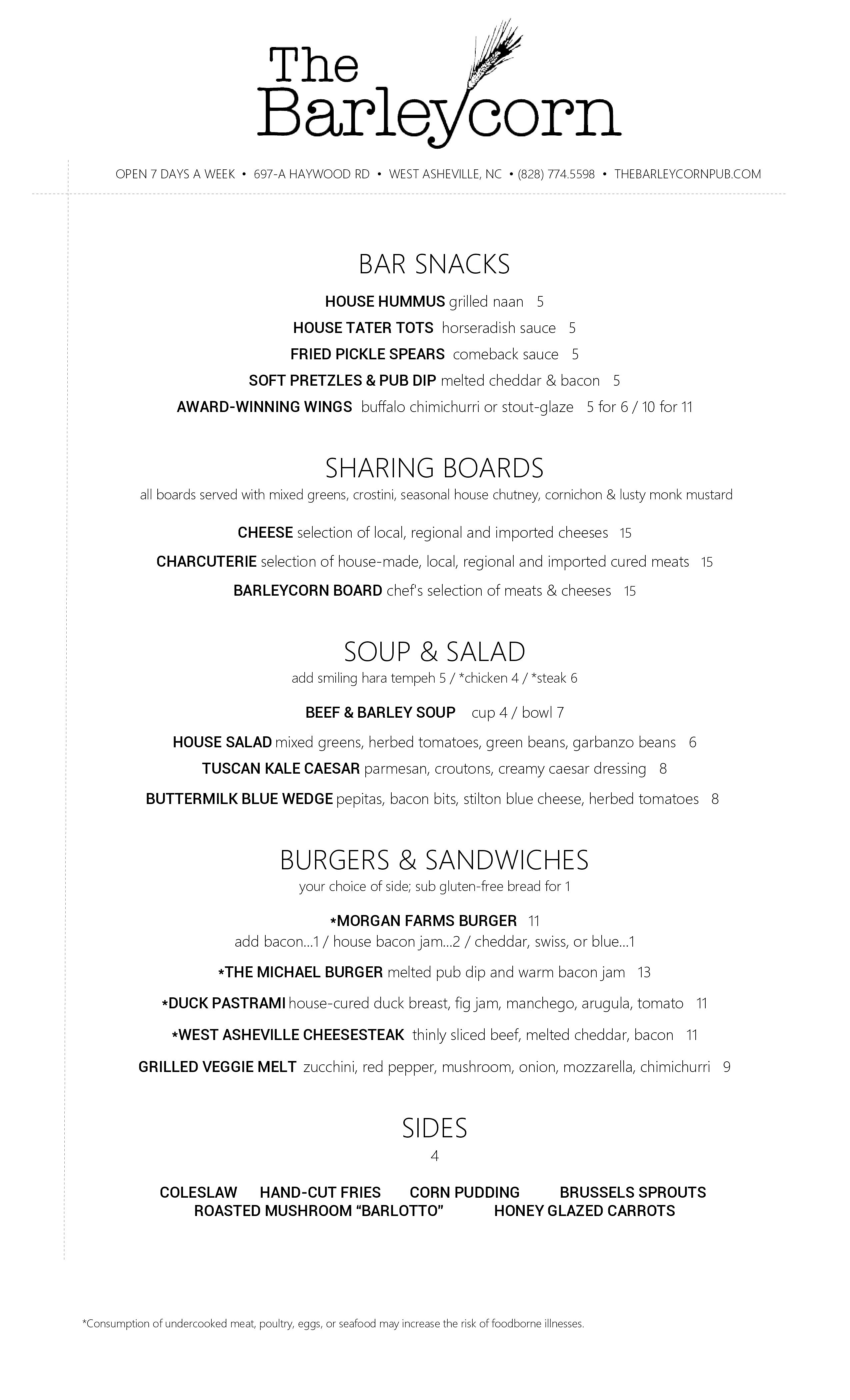 The Barleycorn Menu, Menu for The Barleycorn, West Asheville, Asheville