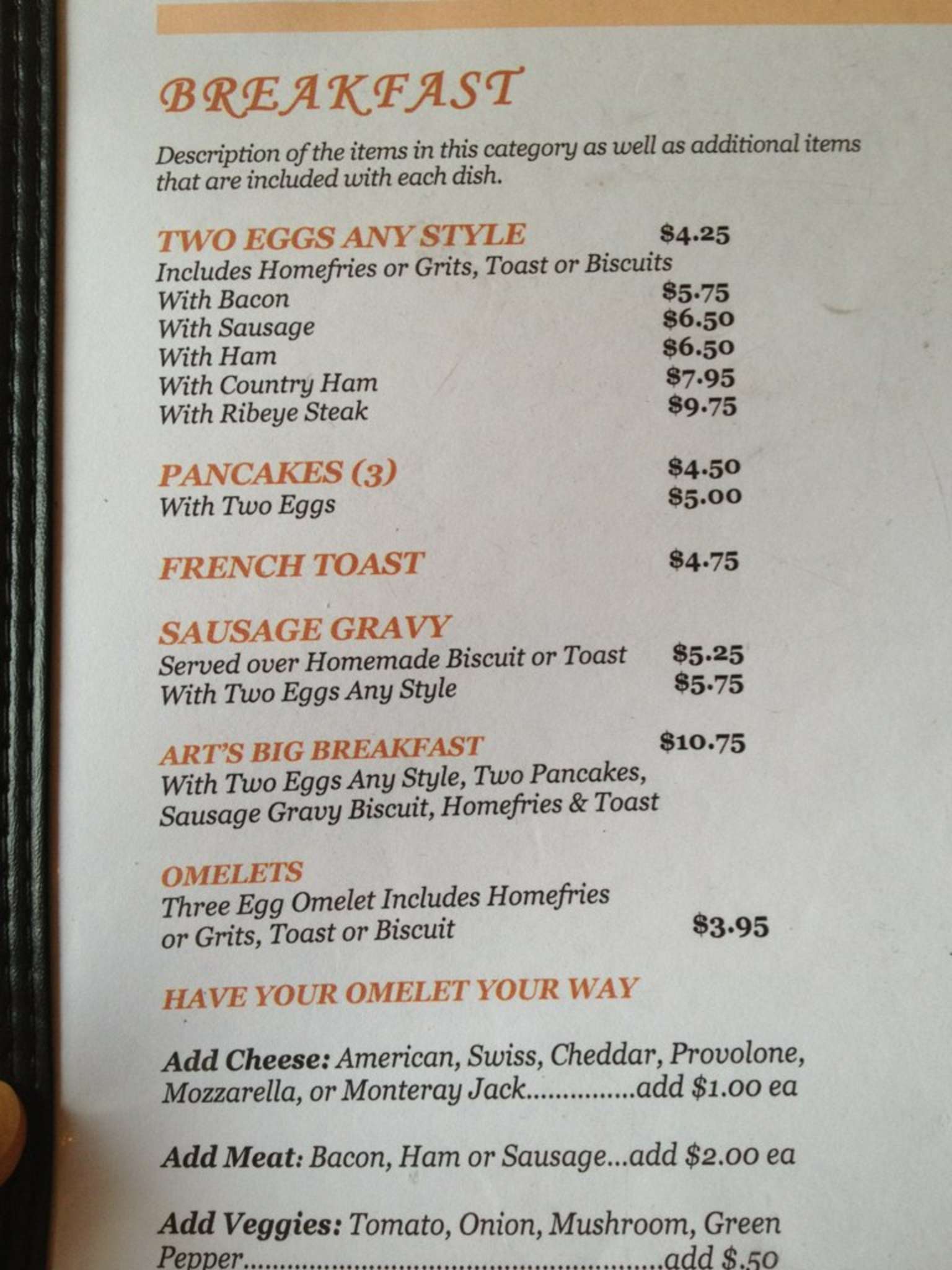 Menu at Art's Place restaurant, Kitty Hawk