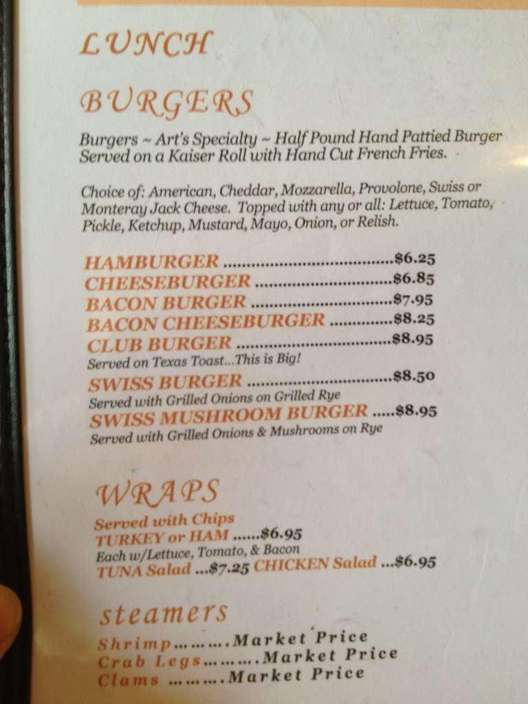 Menu at Art's Place restaurant, Kitty Hawk