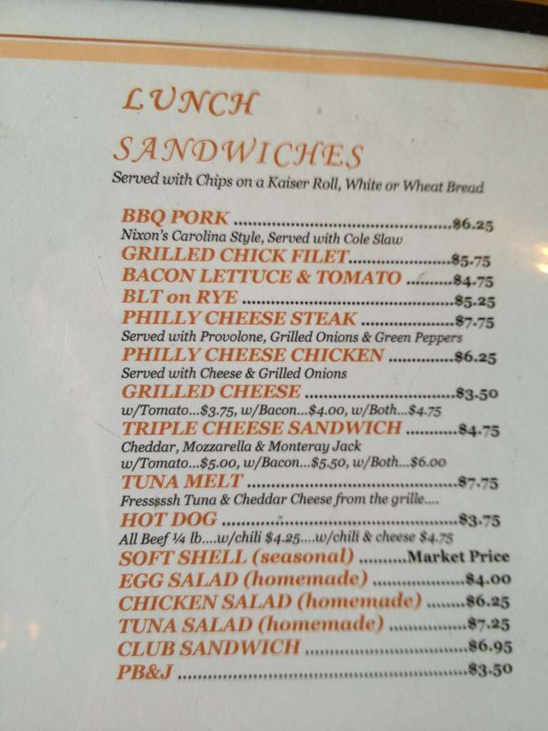 Menu at Art's Place restaurant, Kitty Hawk