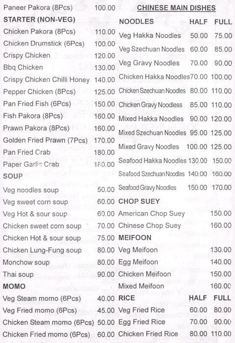 Menu at Renaissance, Kolkata