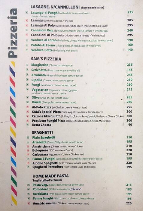 Sam's Cafe menu