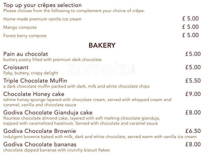 Menu at Cafe Godiva, London, 87-135 Brompton Rd