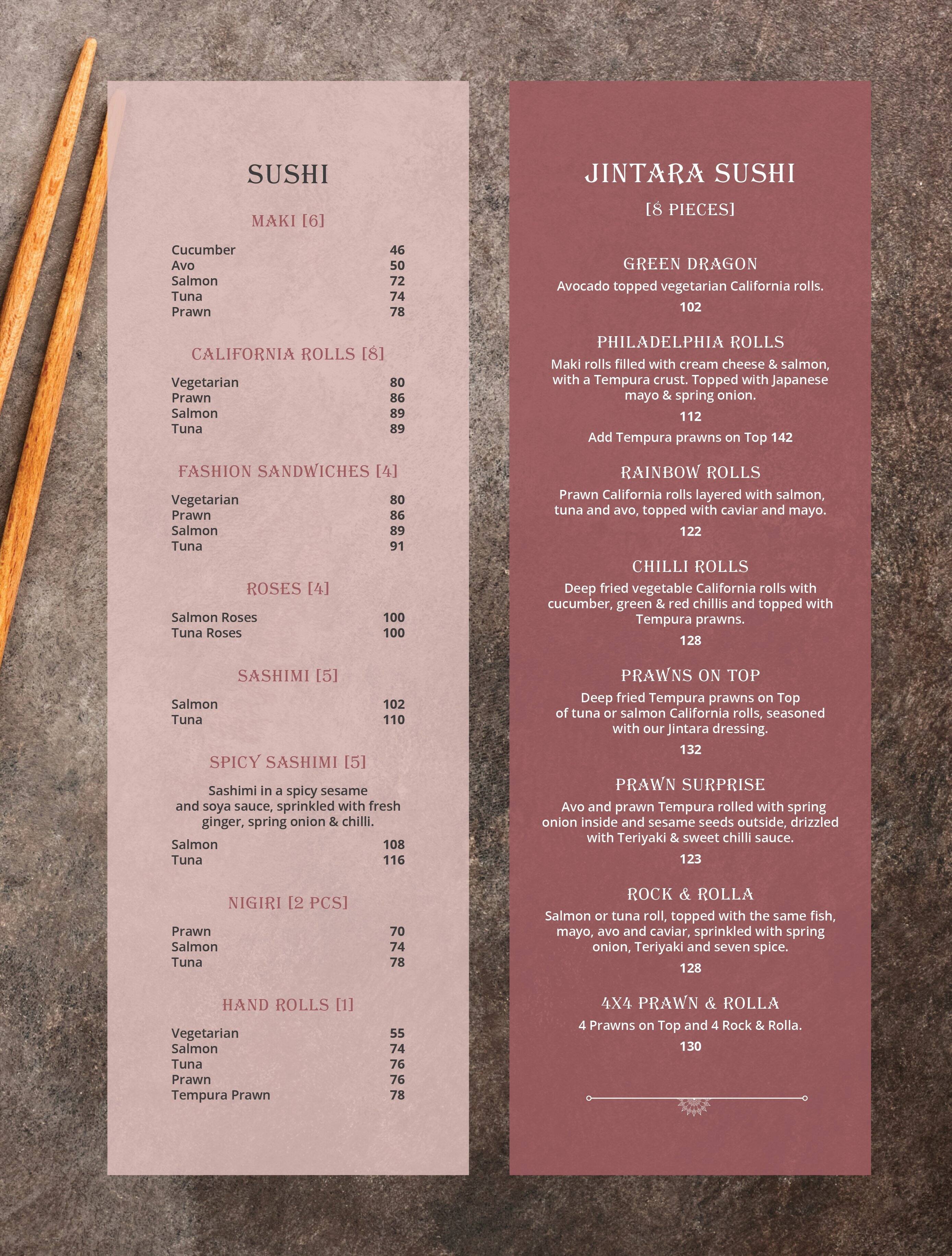 Jintara menu