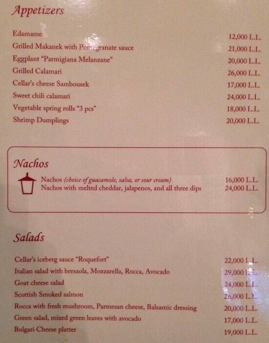 The Beirut Cellar Menu, Menu v reštaurácii The Beirut Cellar, Ashrafieh, Beirut District