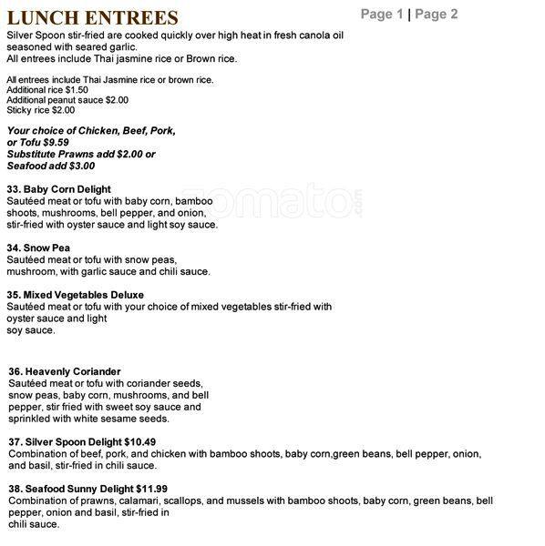 Menu at Silver Spoon restaurant, Redmond