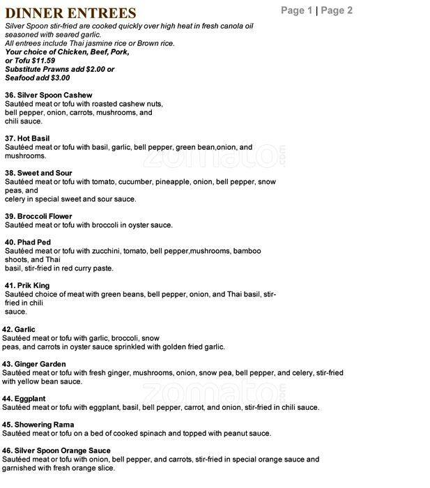 Menu at Silver Spoon restaurant, Redmond