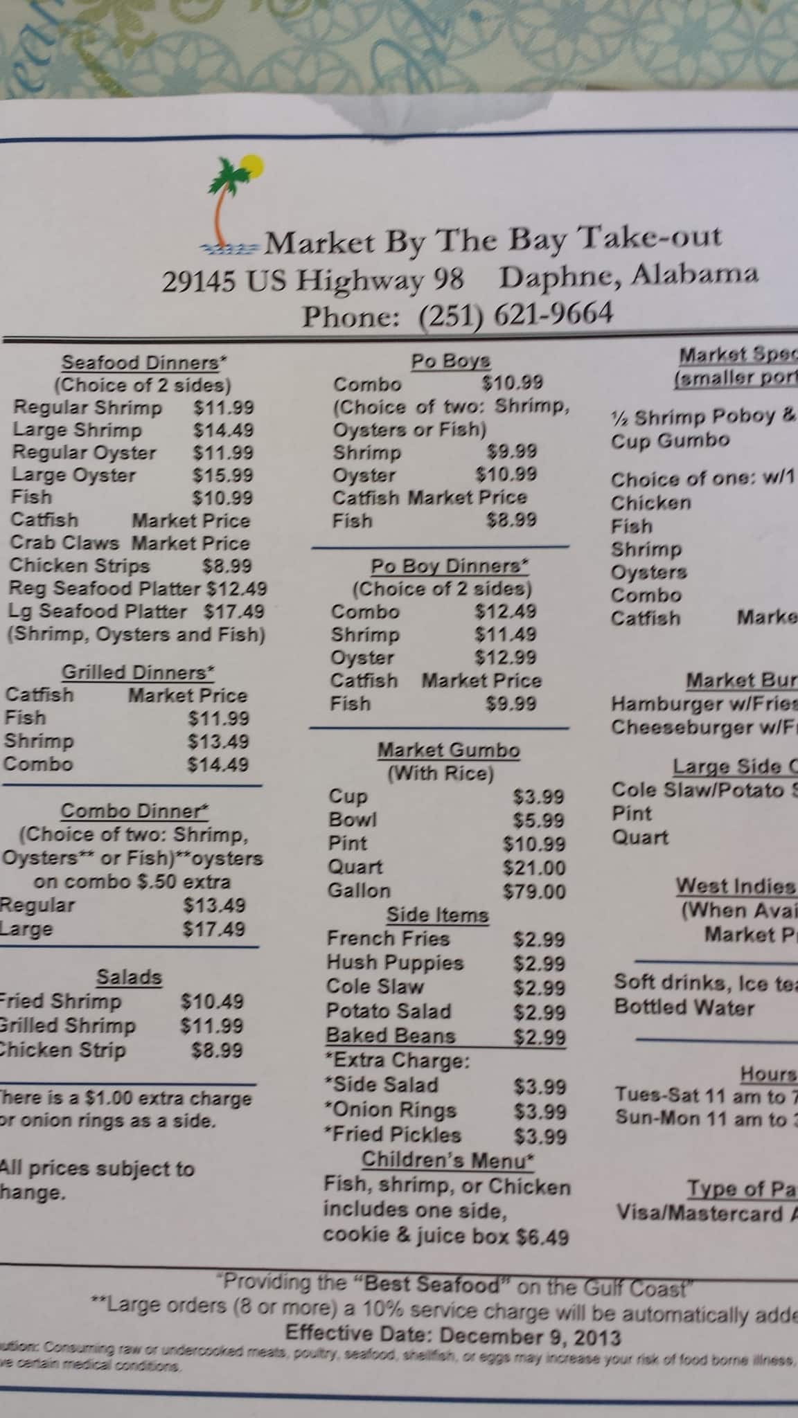 Menu at Market by the Bay restaurant, Daphne