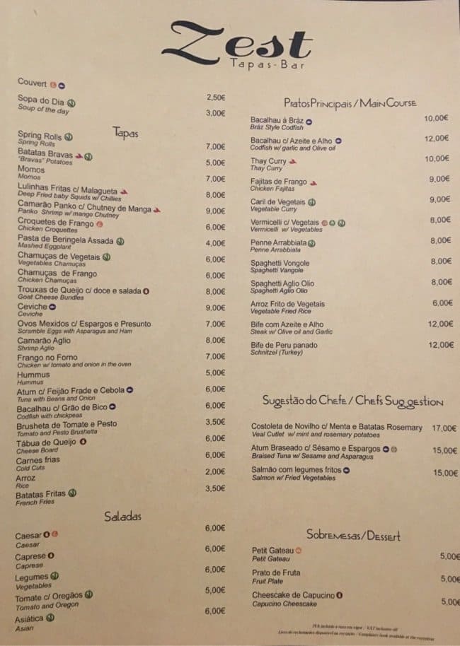 Zest Restaurant Bar Menu, Menu de Zest Restaurant Bar, Baixa, Porto