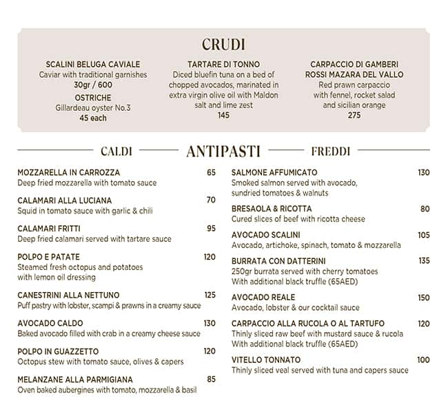 Menu of Scalini, Jumeirah 2, Dubai