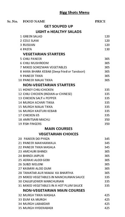 Menu of Bigg Shots, International Airport, Bangalore