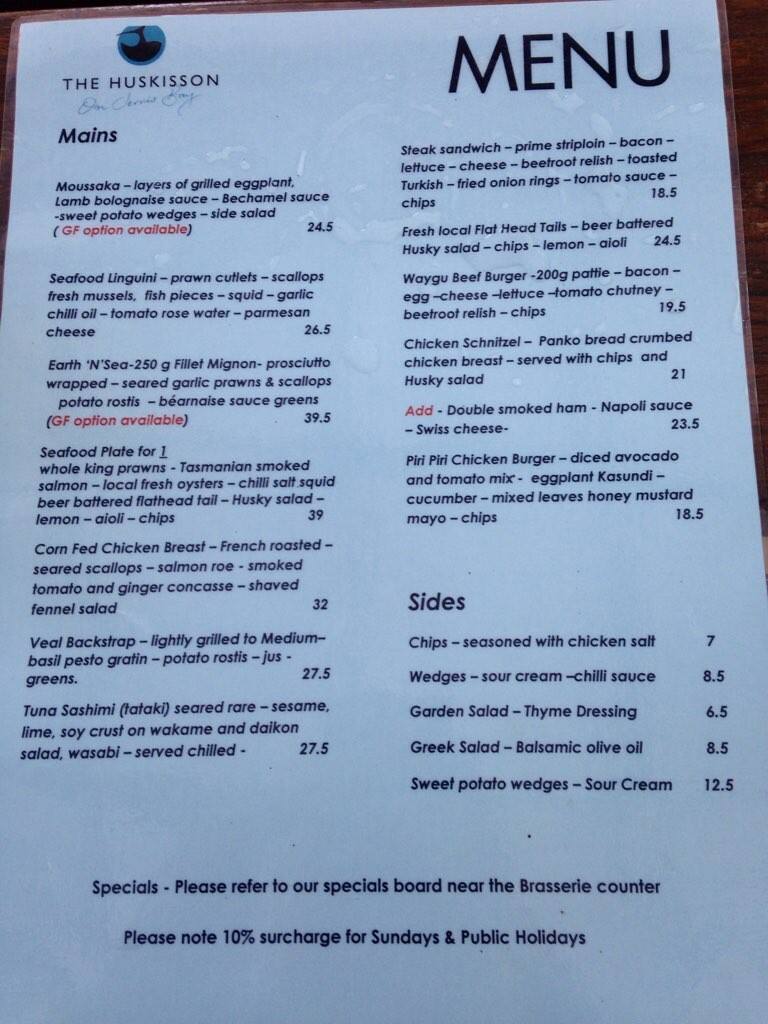 The Huskisson Menu, Menu for The Huskisson, Huskisson, Huskisson