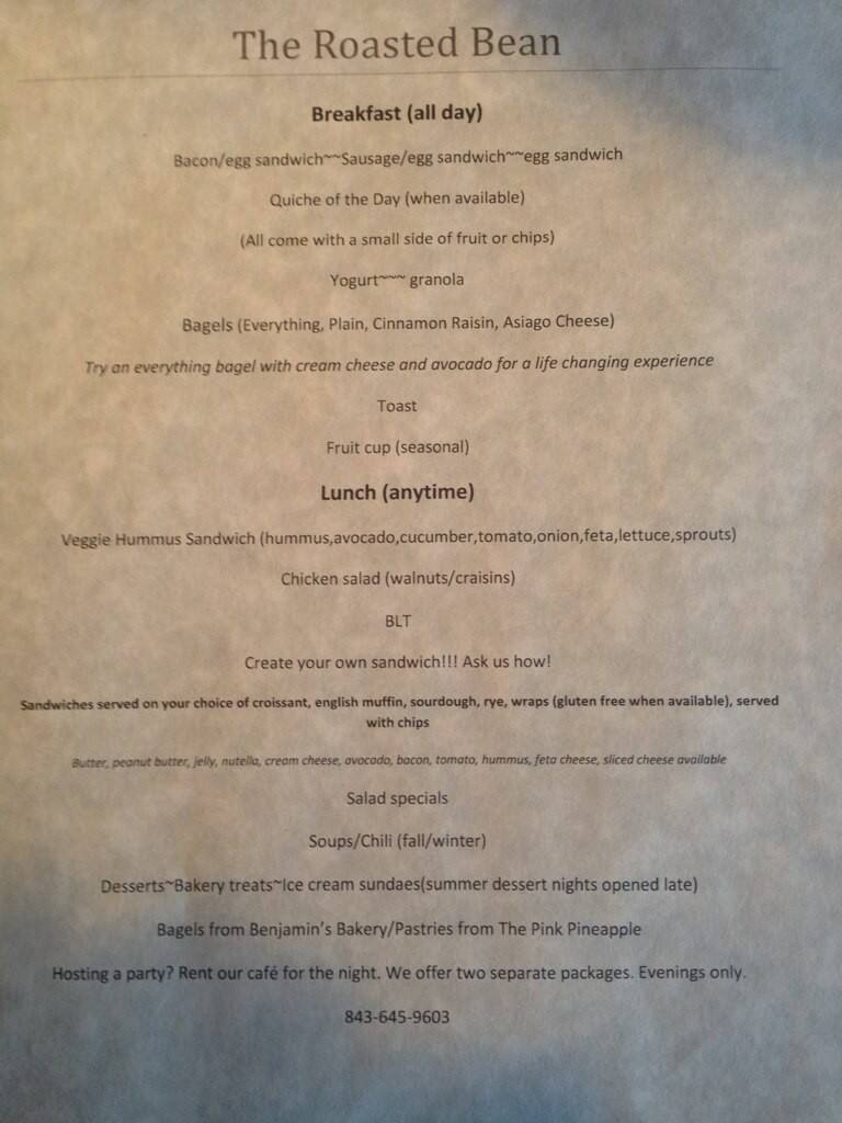 Menu at The Roasted Bean pub & bar, Myrtle Beach