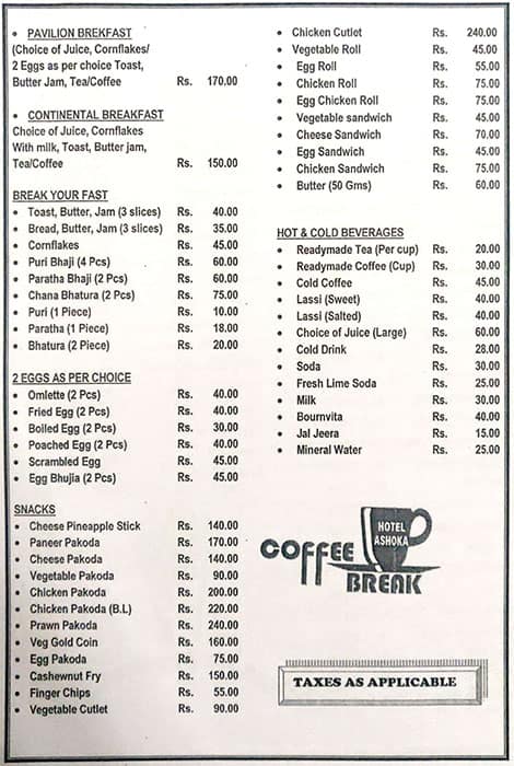 Hotel Ashoka menu