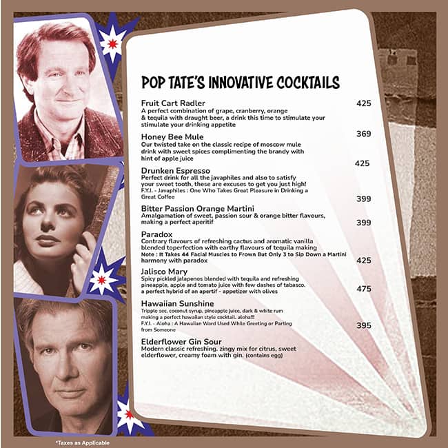 Pop Tate's Vashi menu