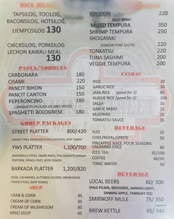 Menu at EUNOS WALKING STREET restaurant, Mandaluyong