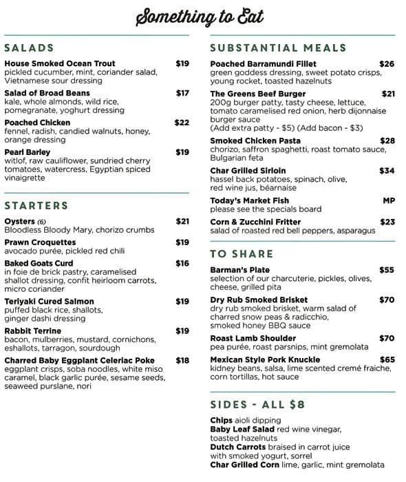 The Greens Menu, Menu v reštaurácii The Greens, North Sydney, Sydney