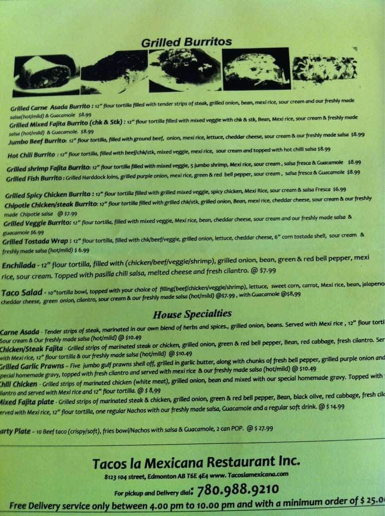 Tacos La Mexicana Menu, Menu for Tacos La Mexicana, University & Old Strathcona, Edmonton