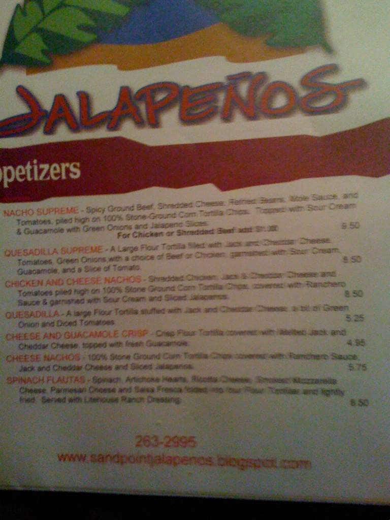 Menu at Jalapenos restaurant, Sandpoint