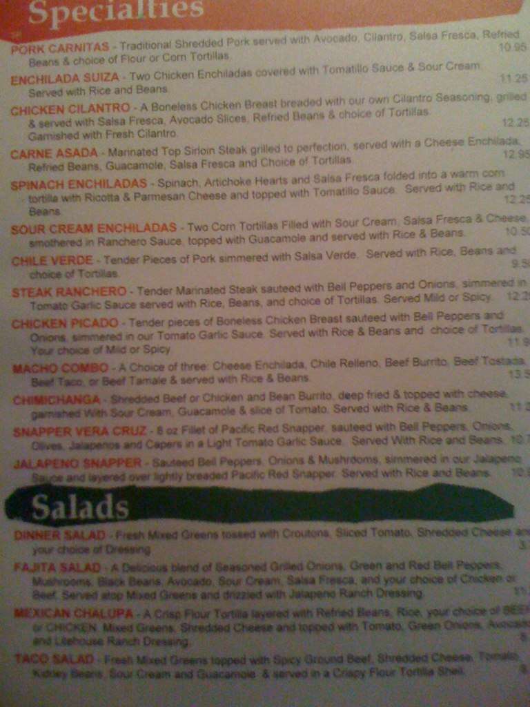 Menu at Jalapenos restaurant, Sandpoint