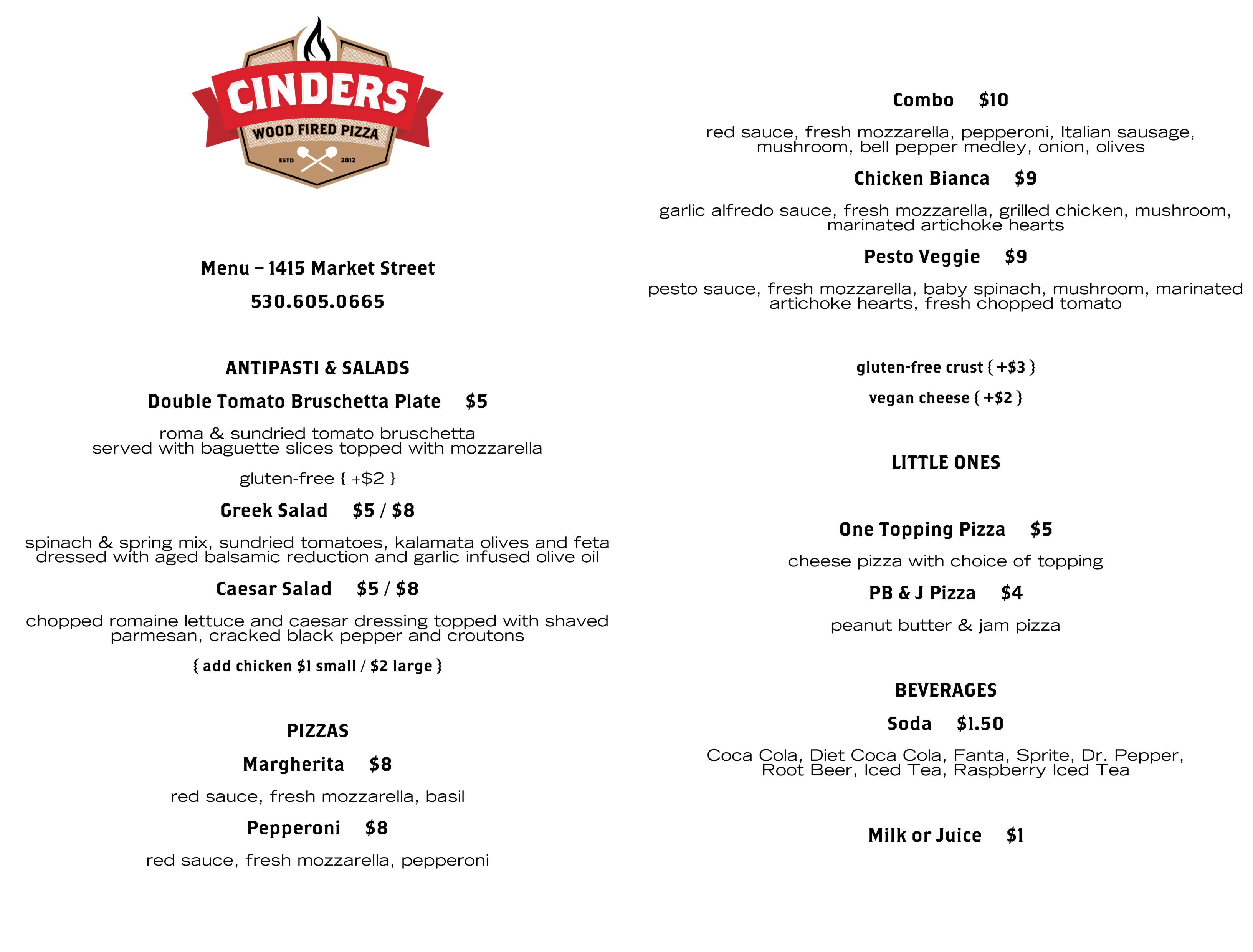 Cinders Wood Fired Pizza Menu, Menu for Cinders Wood Fired Pizza