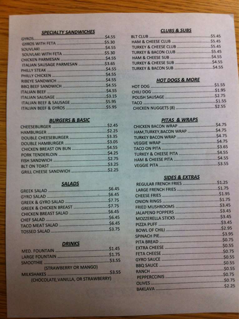 Menu at George's Gyros restaurant, Elkhart