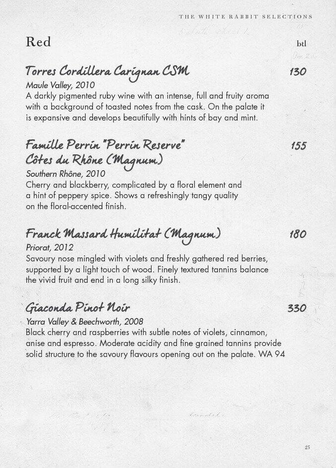 The White Rabbit Menu, Menu for The 