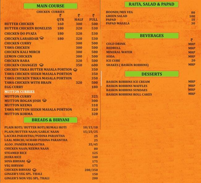 Menu at Ginger House, Delhi, J3JQ+FXR