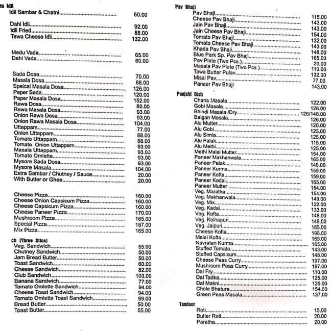 Menu Of Blue Park, 7 Bungalows, Andheri West, Mumbai