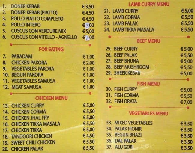 Menu di South indian restaurant 
